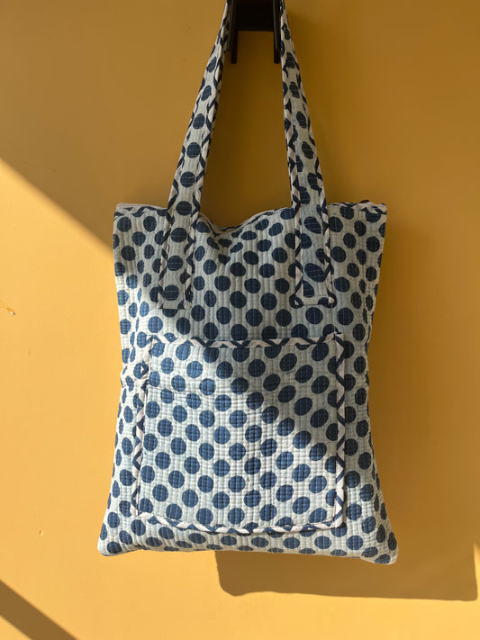 Blue Polka Dot Vertical Cotton Quilted Tote Bag