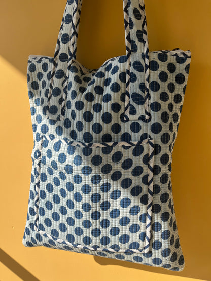 Blue Polka Dot Vertical Cotton Quilted Tote Bag