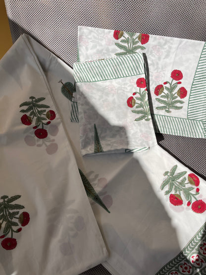 Cherry Spires HandBlock Queen Size Bedsheet Set with 2 Pillow Covers (90”*108”)
