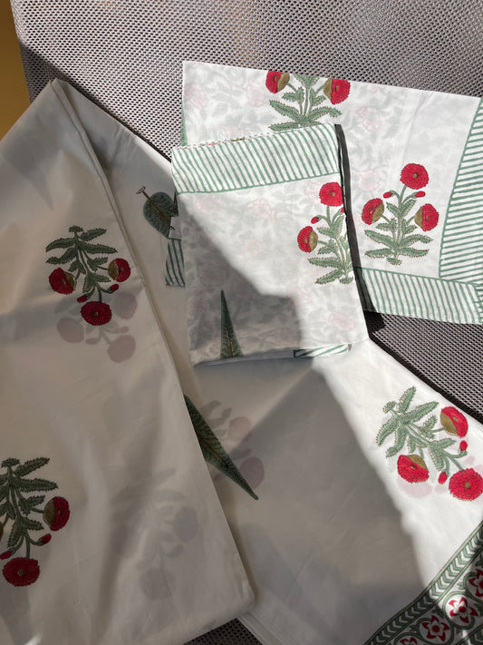Cherry Spires HandBlock Queen Size Bedsheet Set with 2 Pillow Covers (90”*108”)