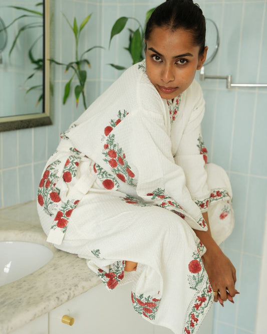 Maroon Bloom Premium Cotton Waffle Bathrobe (Adult)