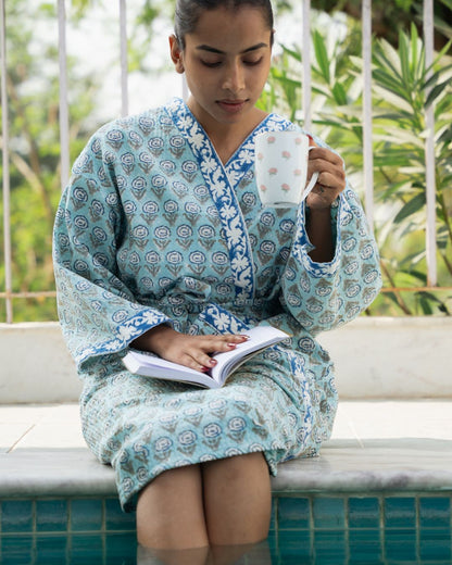 Turqoise Floral Premium Cotton Waffle Bathrobe (Adult)