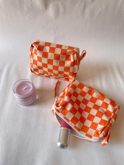 Orange Checkered Cotton Canvas Small Pouch – Petite, Pretty, and Purposeful