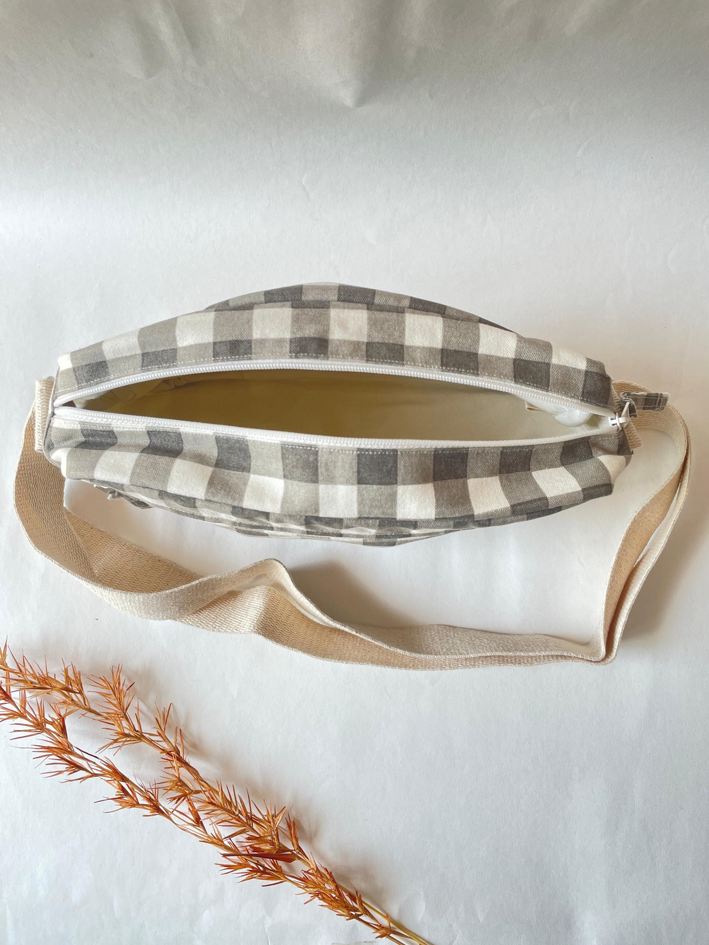 Grey Checkered Cotton Canvas Horizontal Sling with Front & Inside Pocket – Sleek, Secure & Always Ready