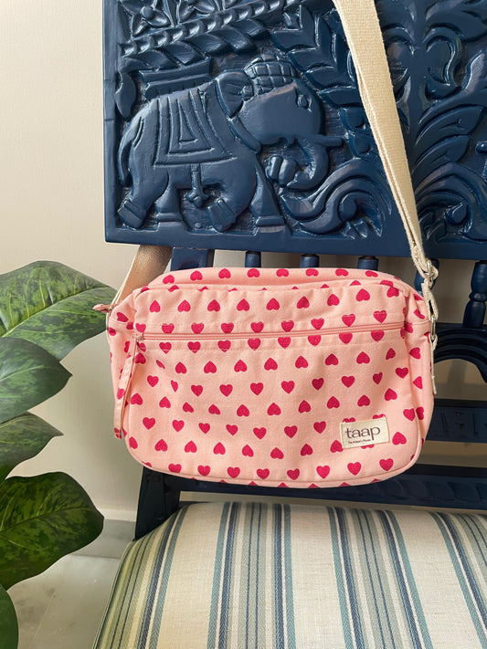 Pink Heart Cotton Canvas Horizontal Sling with Front & Inside Pocket – Sleek, Secure & Always Ready