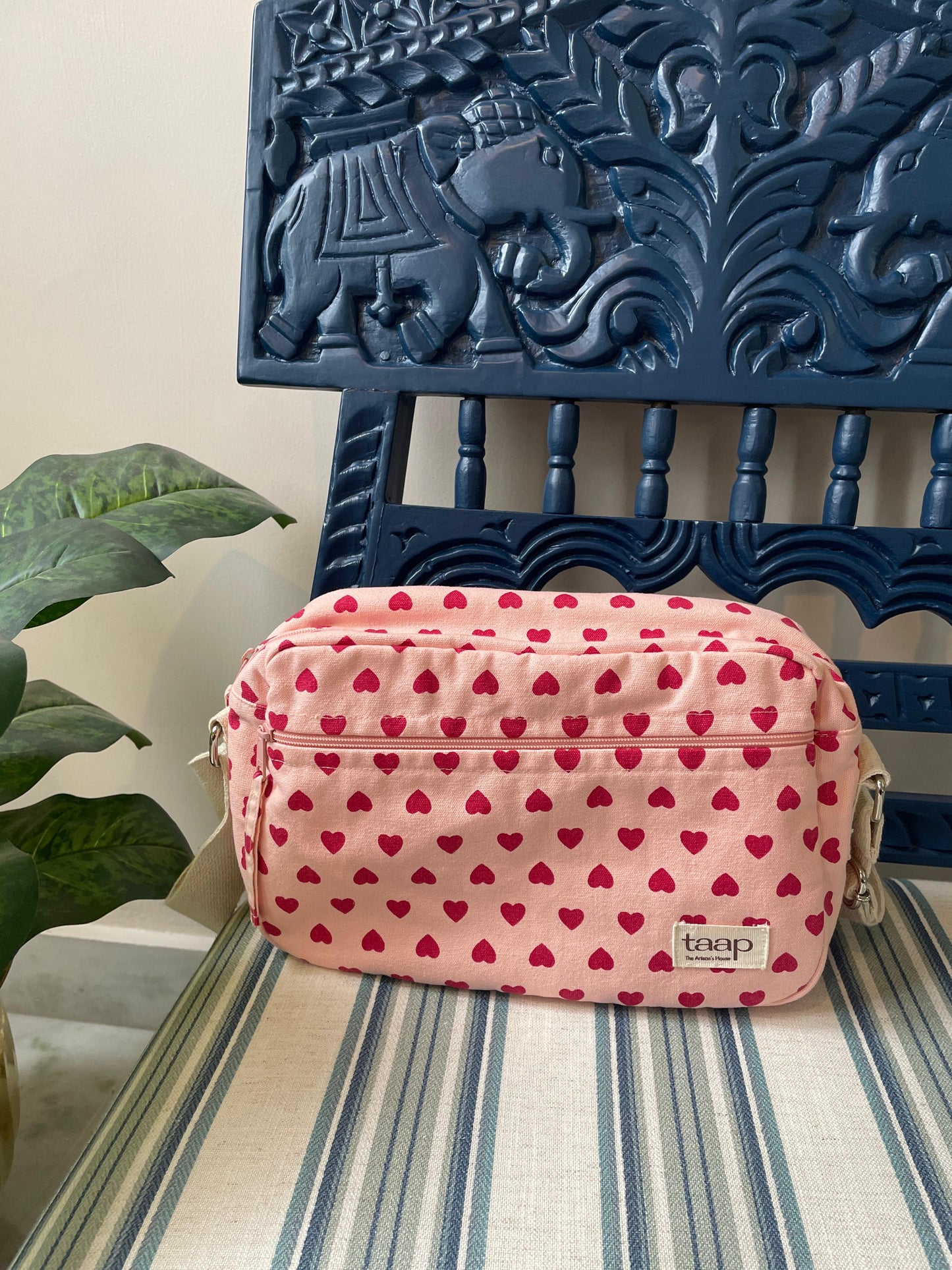 Pink Heart Cotton Canvas Horizontal Sling with Front & Inside Pocket – Sleek, Secure & Always Ready