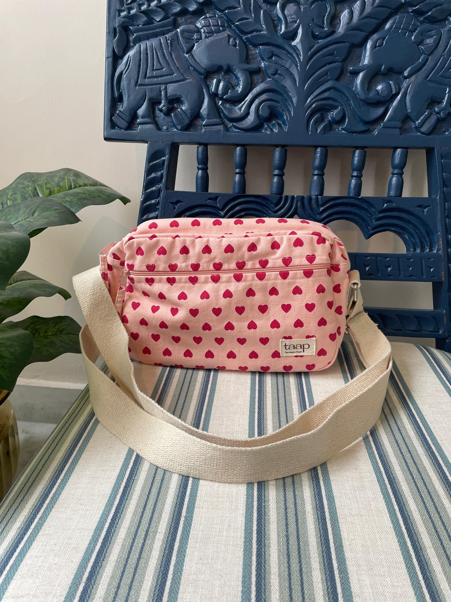 Pink Heart Cotton Canvas Horizontal Sling with Front & Inside Pocket – Sleek, Secure & Always Ready