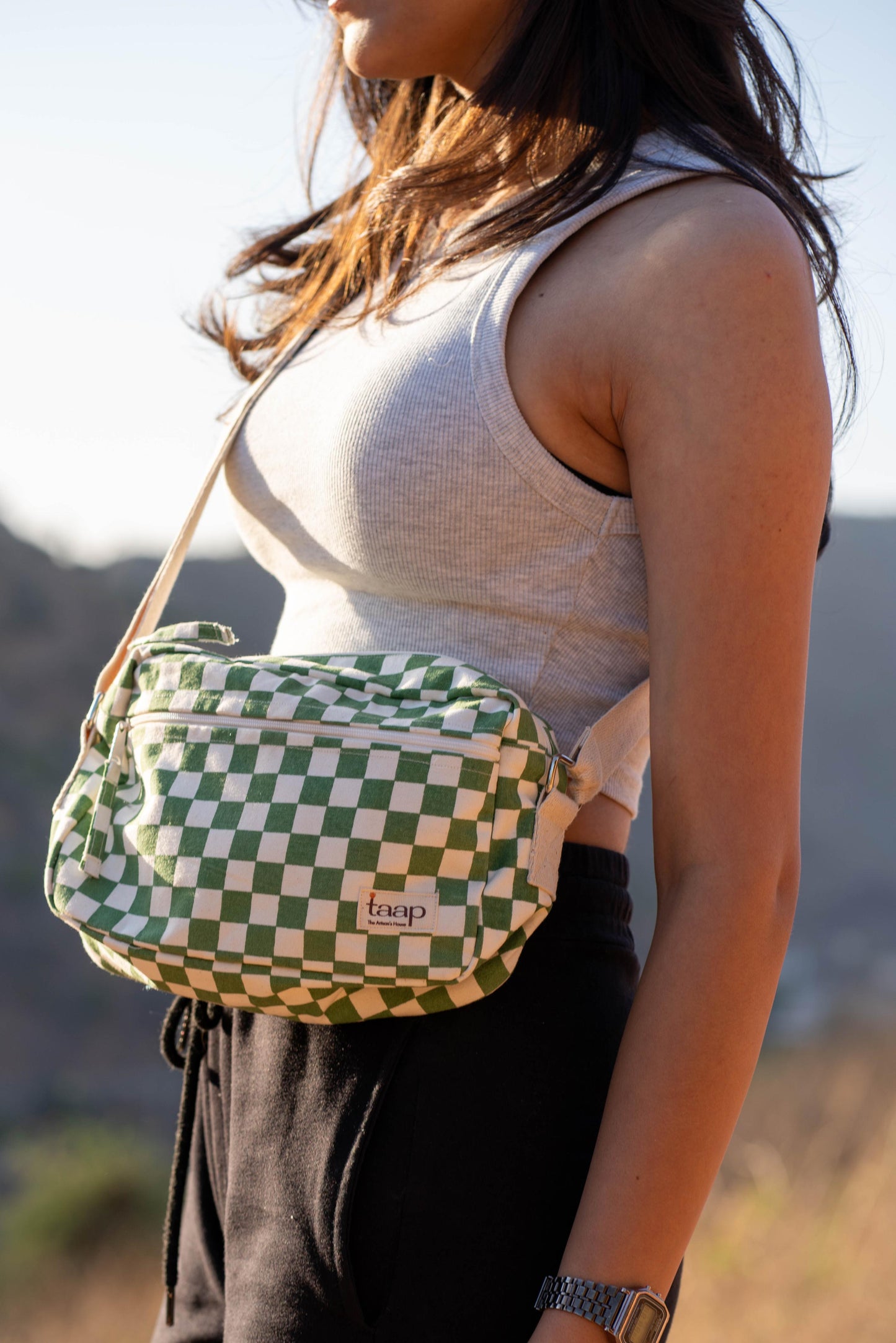 Green Checkered Cotton Canvas Horizontal Sling with Front & Inside Pocket – Sleek, Secure & Always Ready