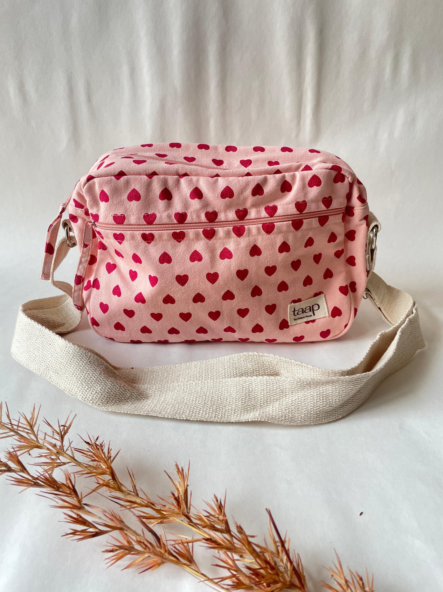 Pink Heart Cotton Canvas Horizontal Sling with Front & Inside Pocket – Sleek, Secure & Always Ready