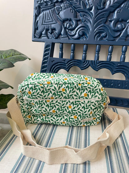 Green Leaf Cotton Canvas Horizontal Sling with Front & Inside Pocket – Sleek, Secure & Always Ready