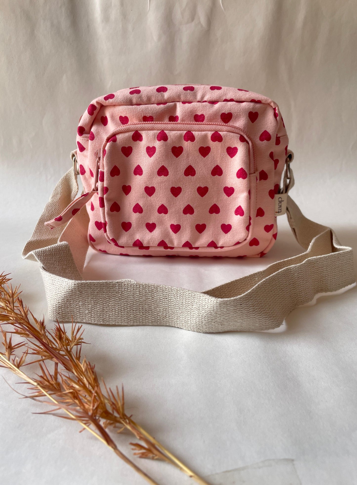 Pink Heart Cotton Canvas Multi-pocket Crossbody Sling – Travel Light, Stay Stylish