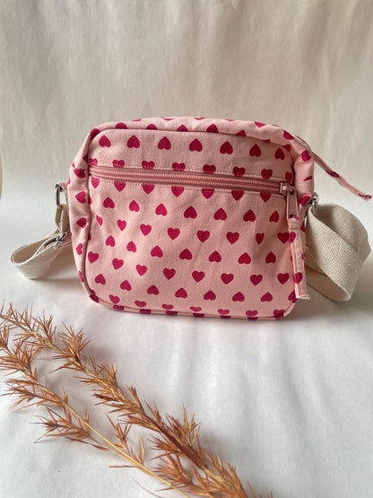 Pink Heart Cotton Canvas Multi-pocket Crossbody Sling – Travel Light, Stay Stylish