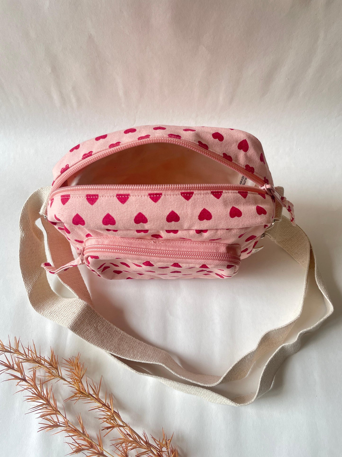 Pink Heart Cotton Canvas Multi-pocket Crossbody Sling – Travel Light, Stay Stylish