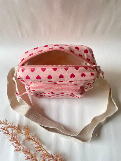 Pink Heart Cotton Canvas Multi-pocket Crossbody Sling – Travel Light, Stay Stylish
