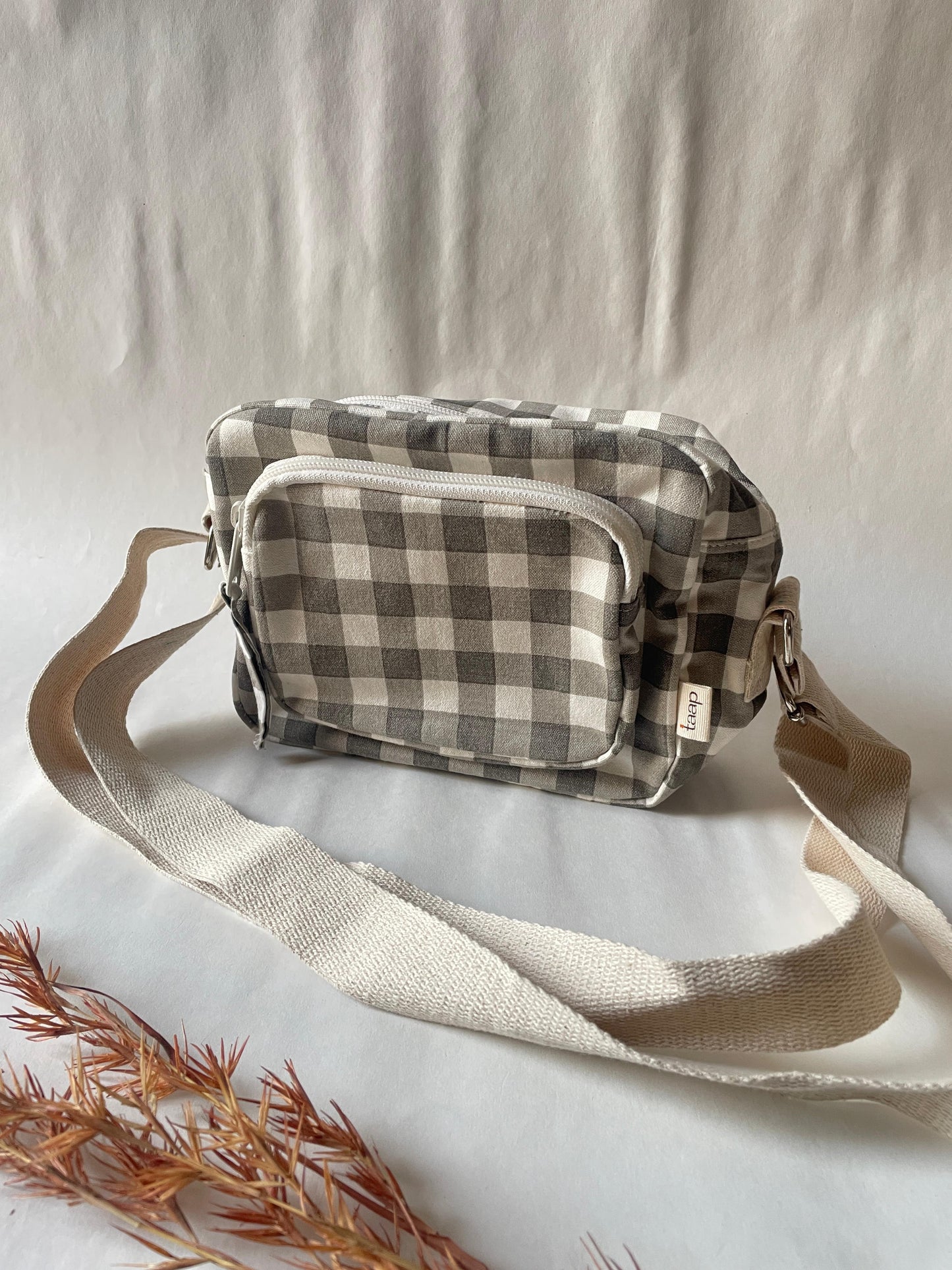 Grey Checkered Cotton Canvas Multi-pocket Crossbody Sling – Travel Light, Stay Stylish