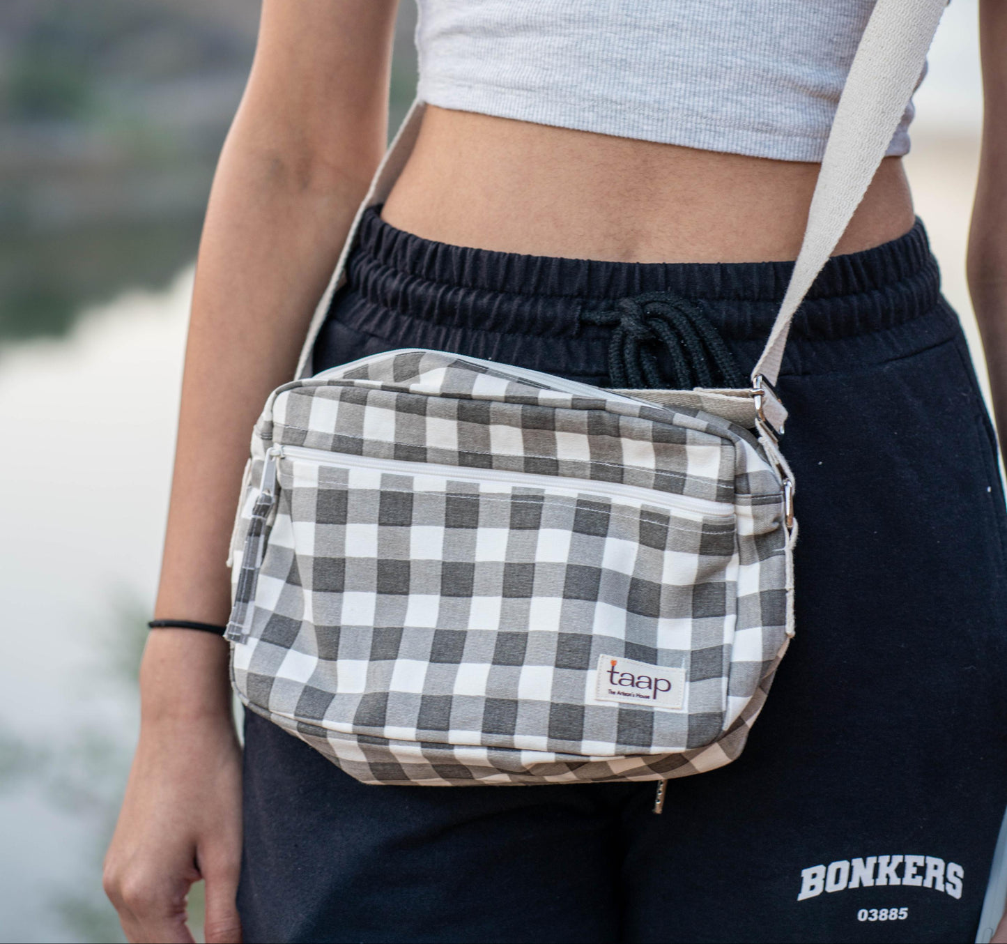 Grey Checkered Cotton Canvas Horizontal Sling with Front & Inside Pocket – Sleek, Secure & Always Ready