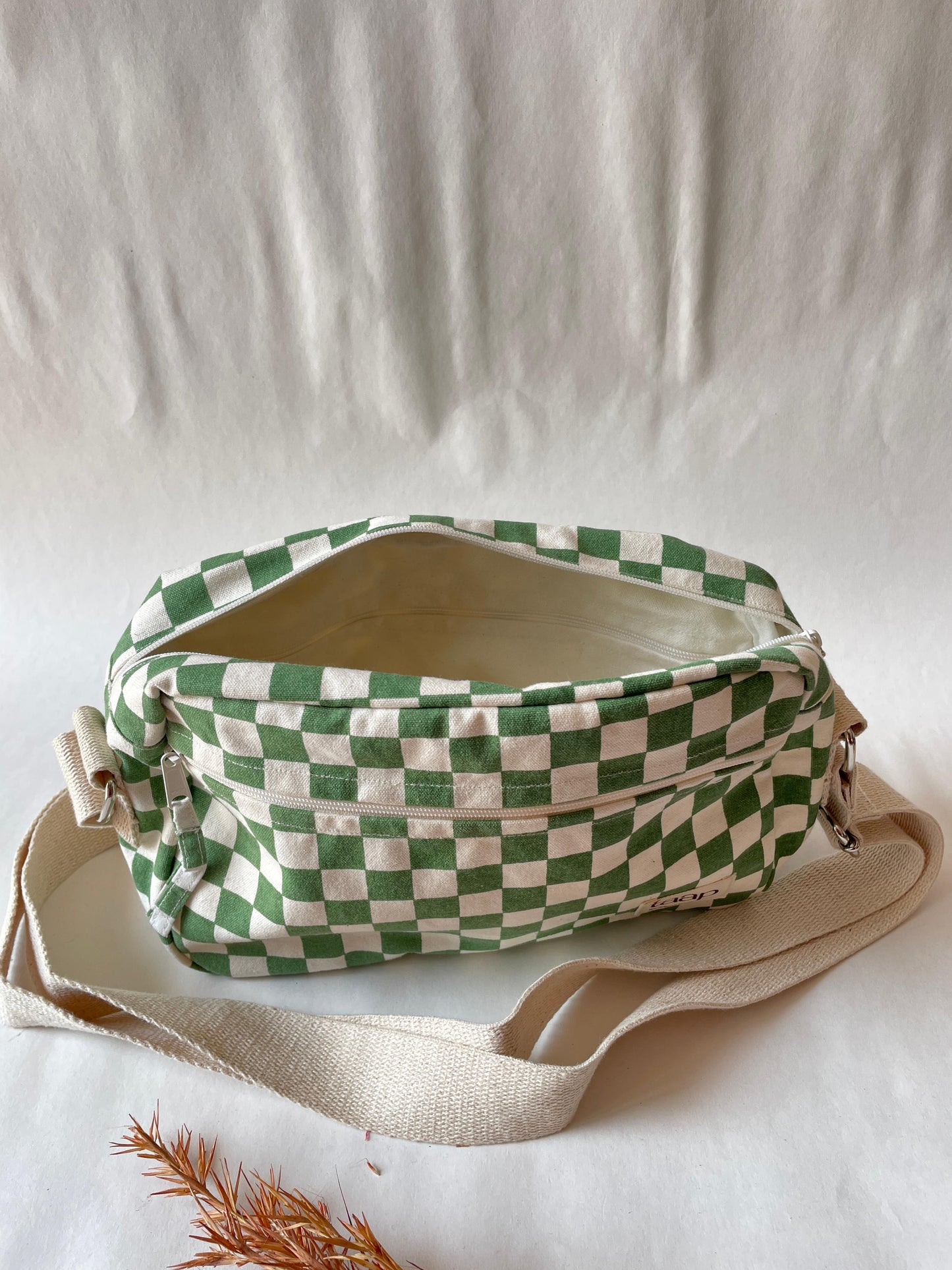 Green Checkered Cotton Canvas Horizontal Sling with Front & Inside Pocket – Sleek, Secure & Always Ready