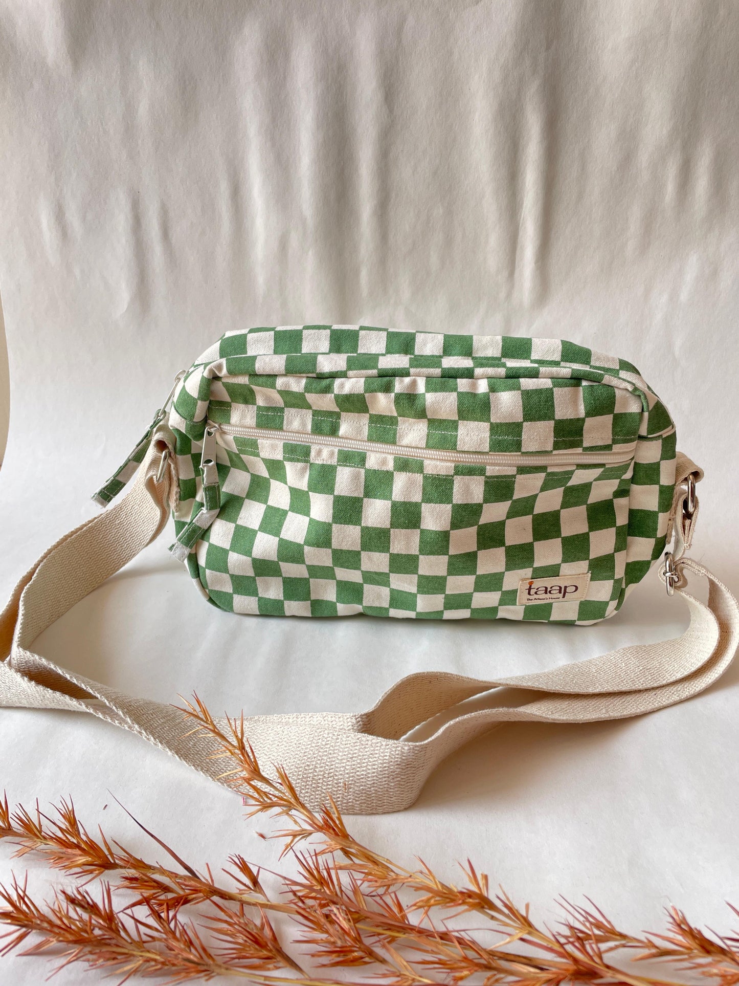 Green Checkered Cotton Canvas Horizontal Sling with Front & Inside Pocket – Sleek, Secure & Always Ready