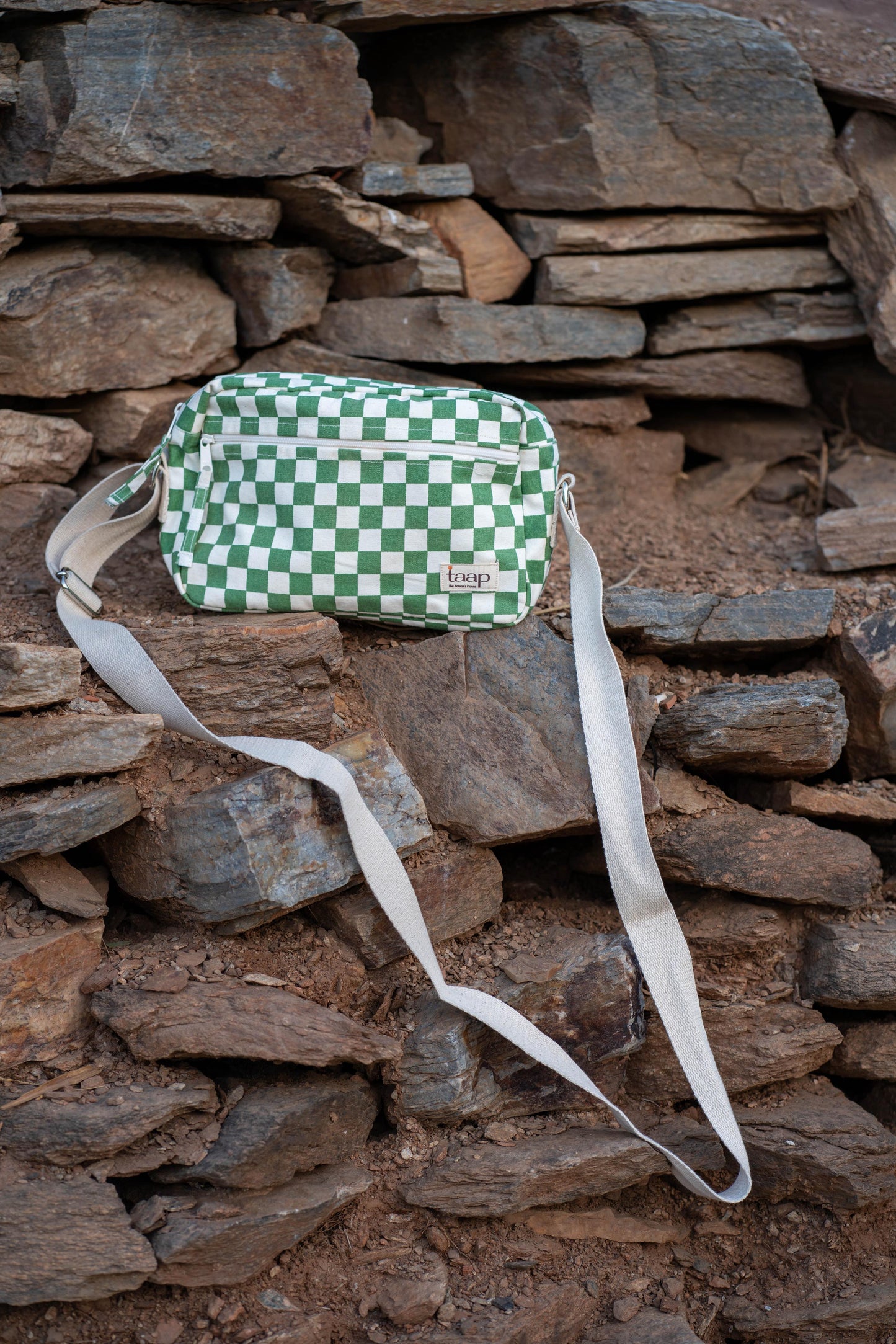 Green Checkered Cotton Canvas Horizontal Sling with Front & Inside Pocket – Sleek, Secure & Always Ready