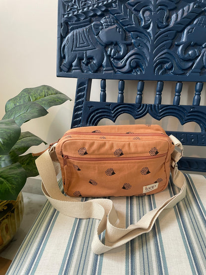 Tan Brown Cotton Canvas Horizontal Sling with Front & Inside Pocket – Sleek, Secure & Always Ready