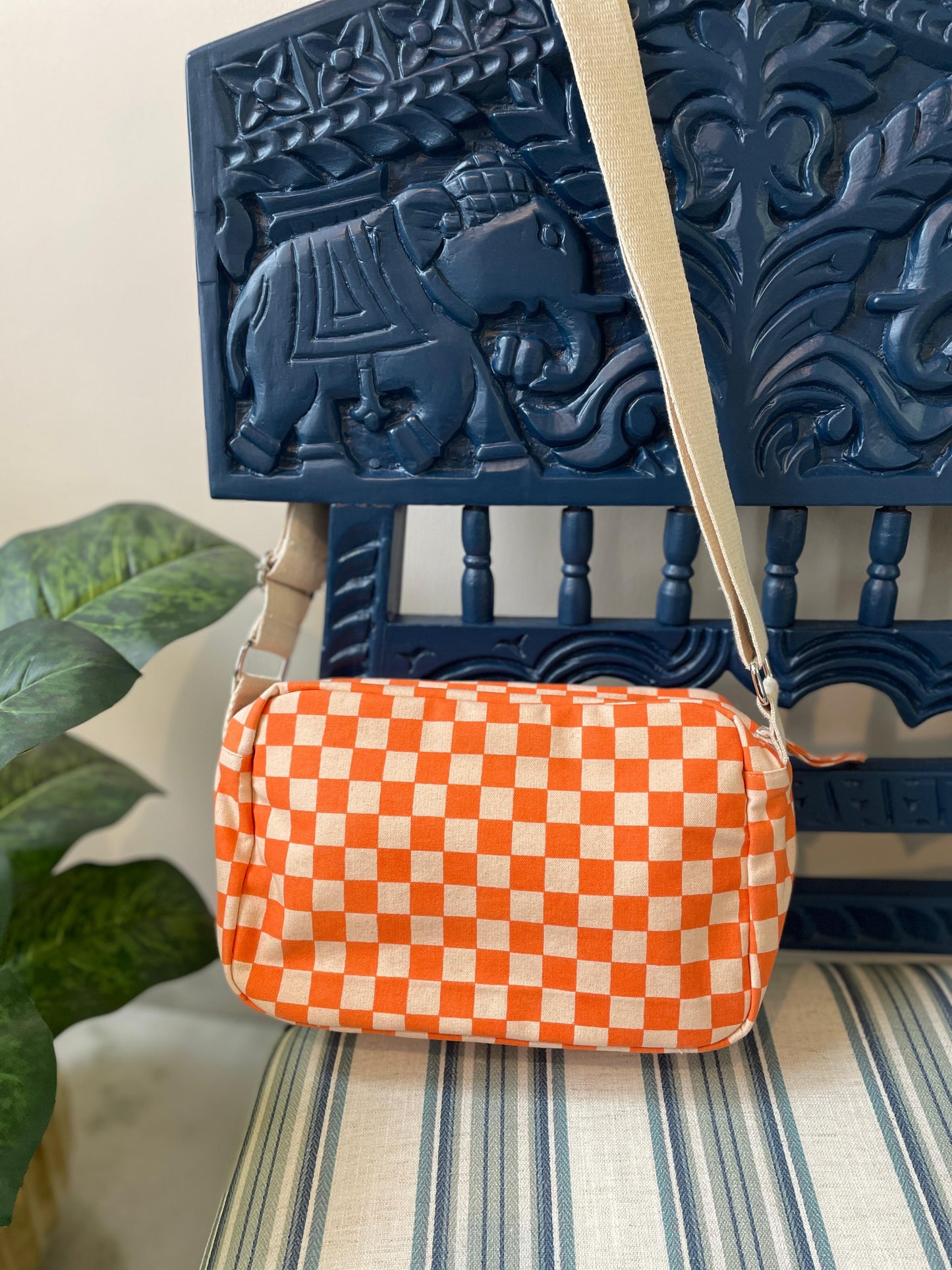 Orange Checkered Cotton Canvas Horizontal Sling with Inside Pocket – Sleek, Secure & Always Ready