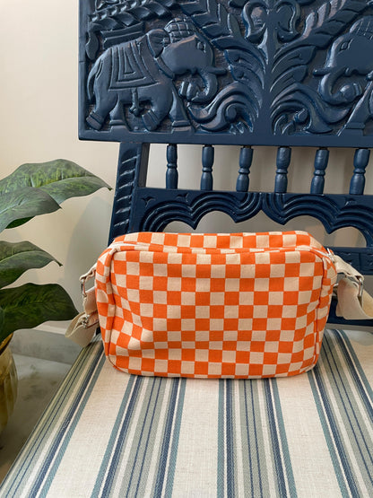 Orange Checkered Cotton Canvas Horizontal Sling with Inside Pocket – Sleek, Secure & Always Ready