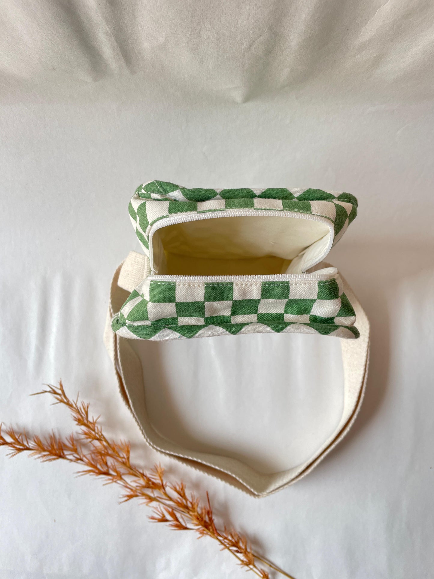 Green Checkered Cotton Canvas Vertical Crossbody Sling – Travel Light, Stay Stylish