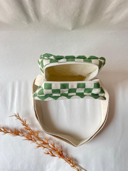 Green Checkered Cotton Canvas Vertical Crossbody Sling – Travel Light, Stay Stylish