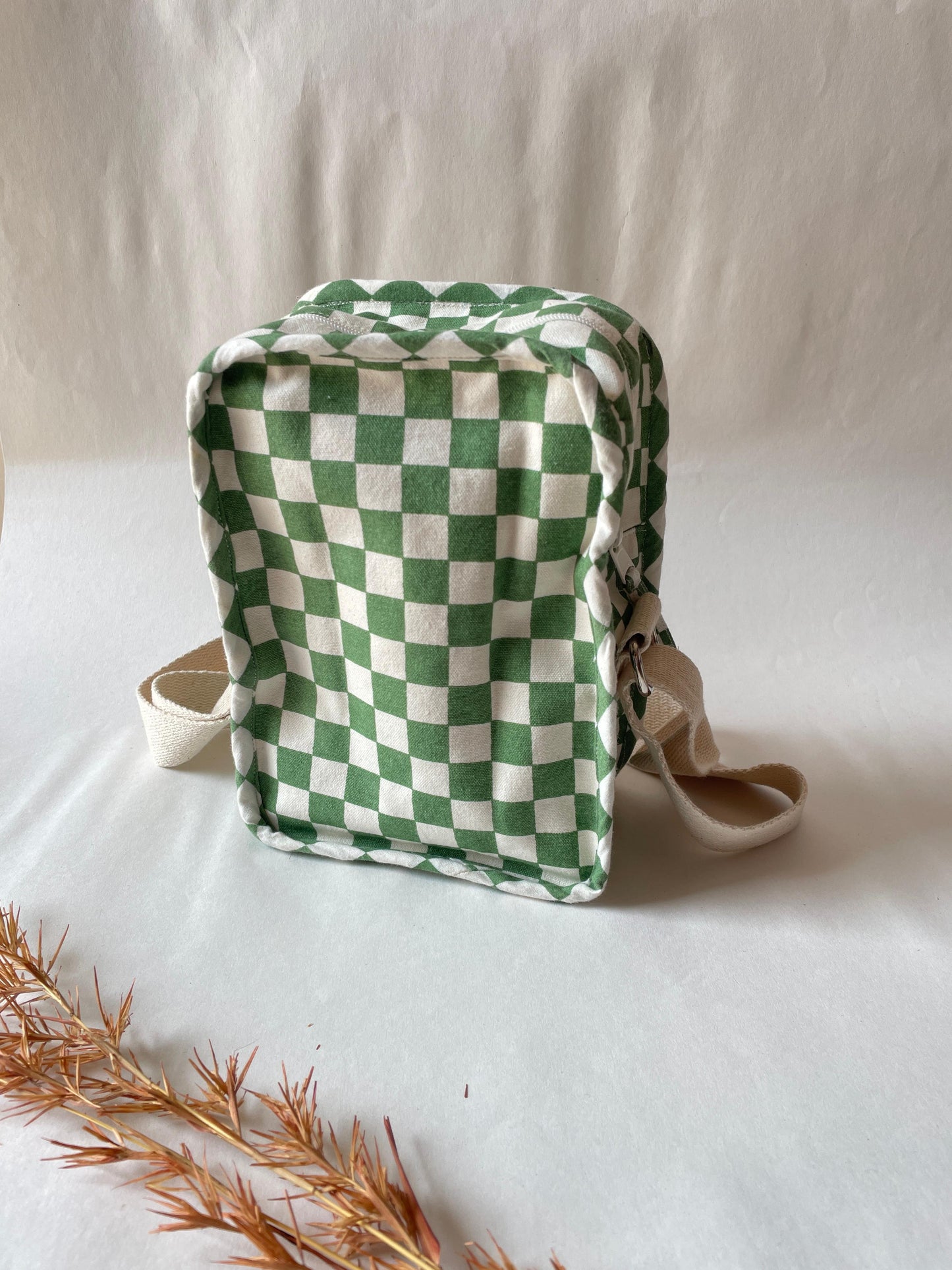 Green Checkered Cotton Canvas Vertical Crossbody Sling – Travel Light, Stay Stylish