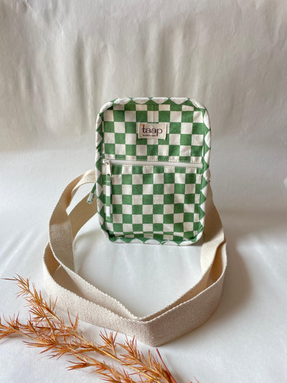 Green Checkered Cotton Canvas Vertical Crossbody Sling – Travel Light, Stay Stylish