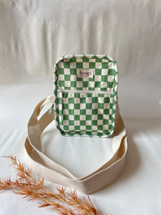 Green Checkered Cotton Canvas Vertical Crossbody Sling – Travel Light, Stay Stylish
