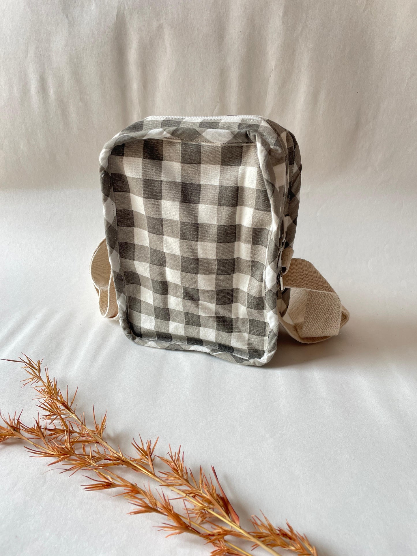 Grey Checkered Cotton Canvas Vertical Crossbody Sling – Travel Light, Stay Stylish