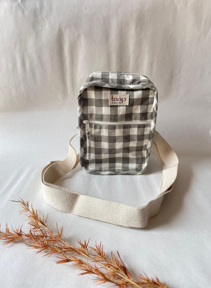 Grey Checkered Cotton Canvas Vertical Crossbody Sling – Travel Light, Stay Stylish