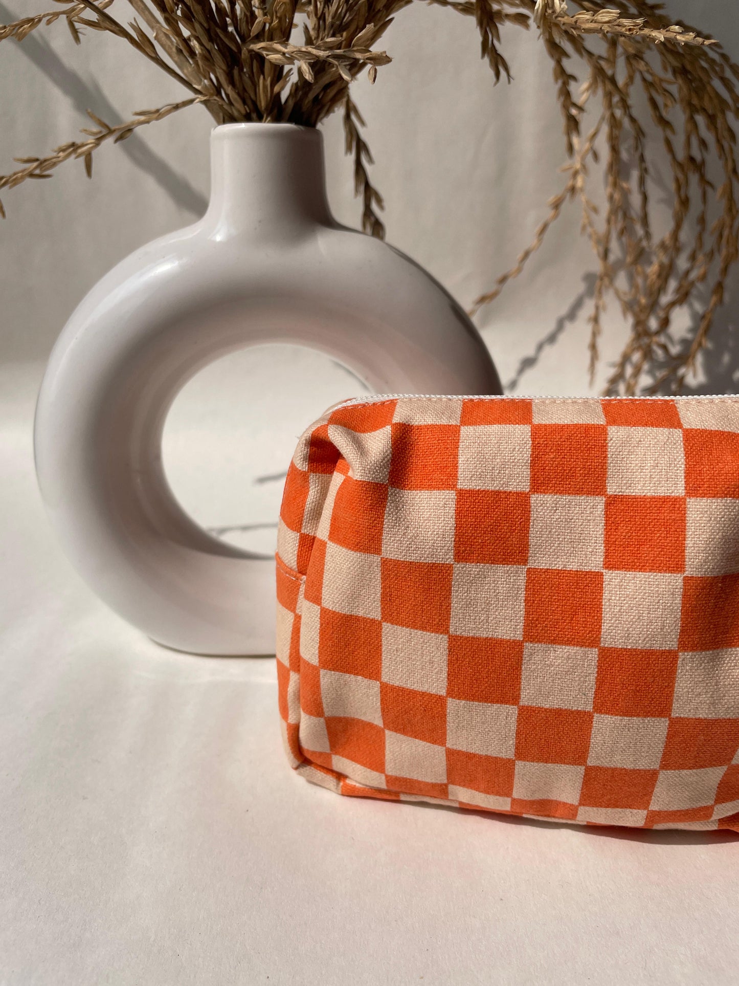 Orange Checkered Cotton Canvas Small Pouch – Petite, Pretty, and Purposeful