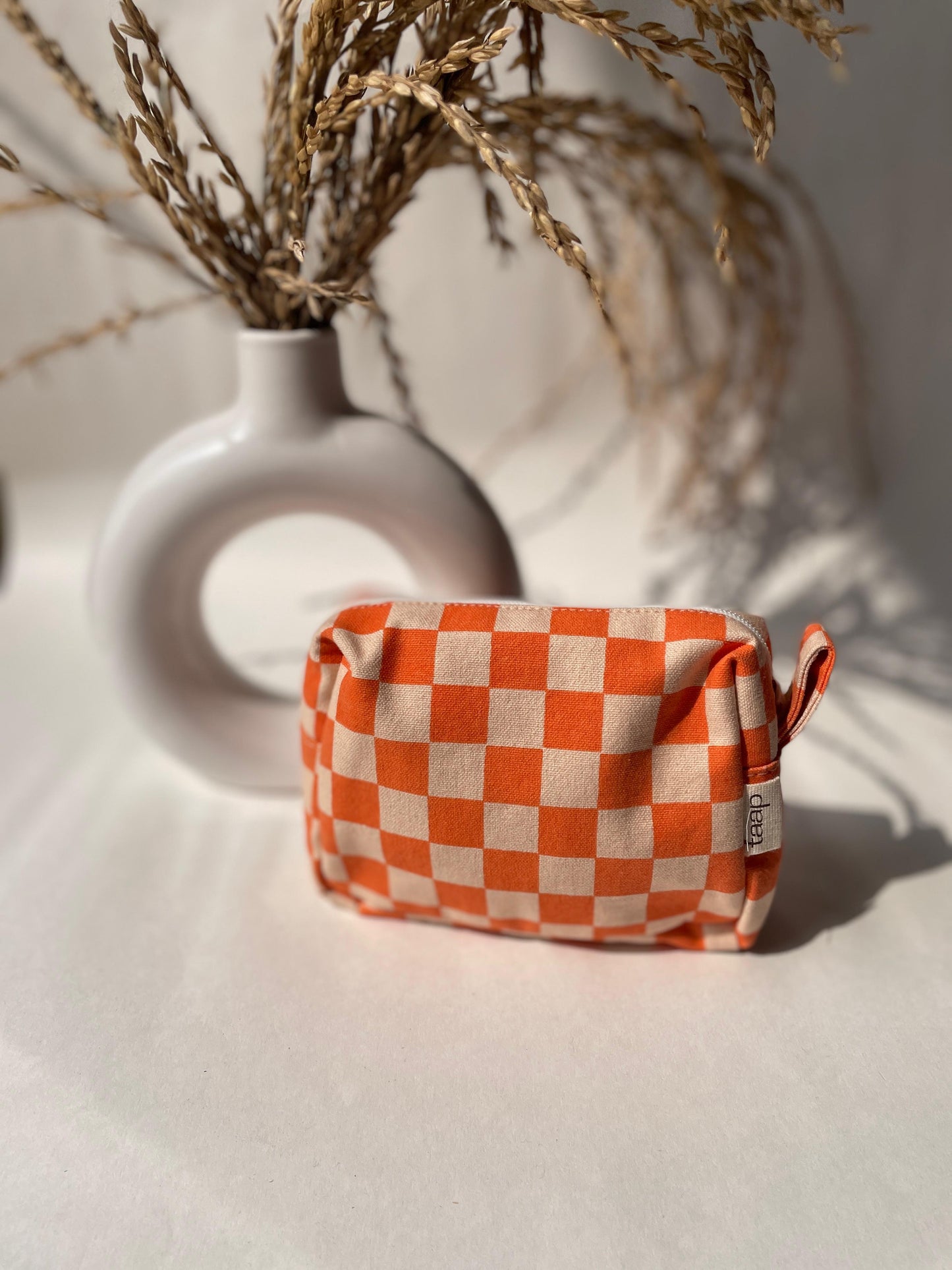 Orange Checkered Cotton Canvas Small Pouch – Petite, Pretty, and Purposeful