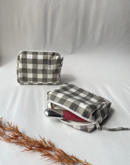 Grey Checkered Cotton Canvas Small Pouch – Petite, Pretty, and Purposeful