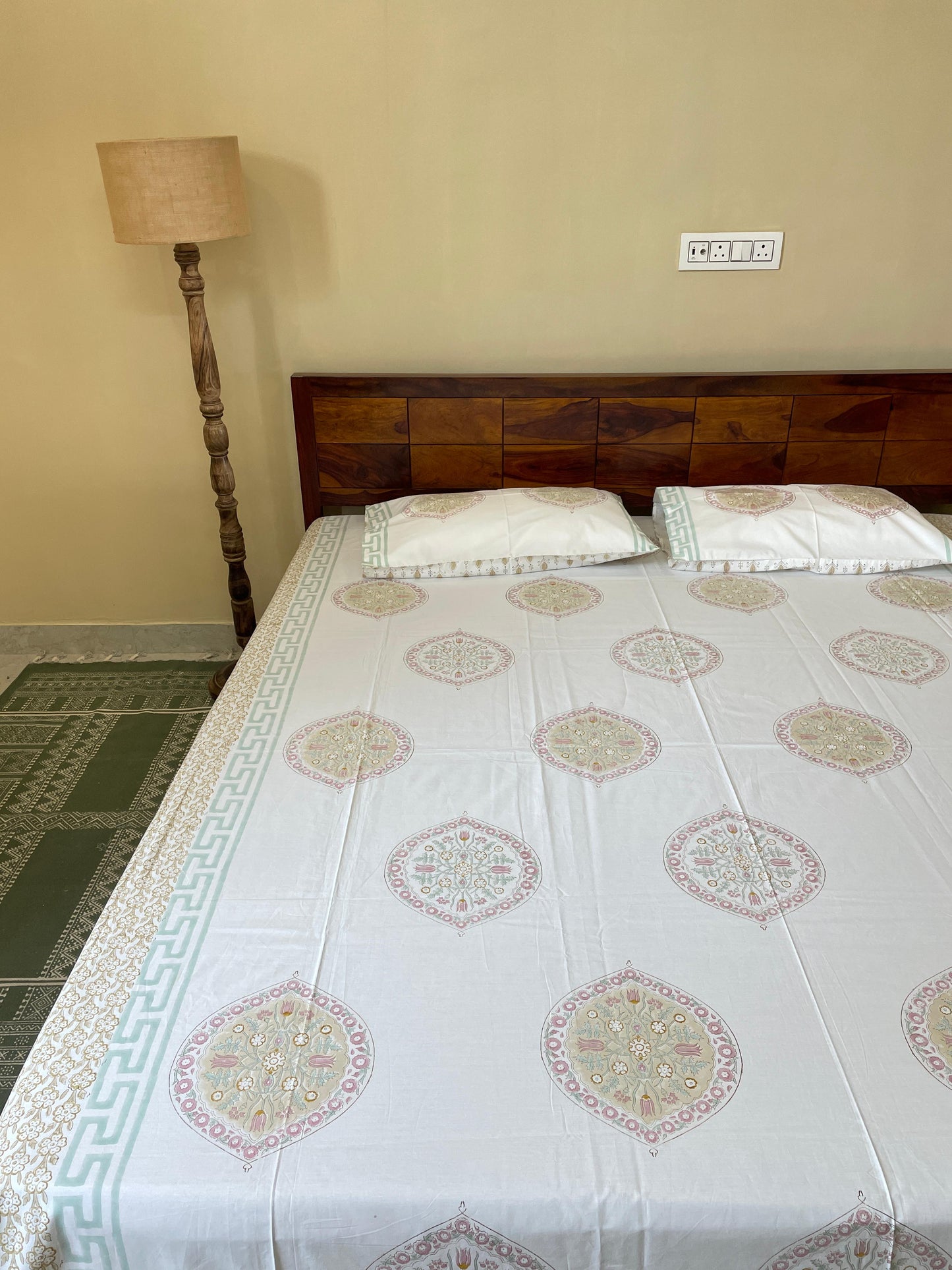 Tropical Whisper HandBlock Queen Size Bedsheet with 2 Pillow Covers (90”*108”)