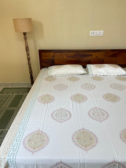 Tropical Whisper HandBlock Queen Size Bedsheet with 2 Pillow Covers (90”*108”)