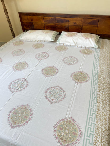 Tropical Whisper HandBlock Queen Size Bedsheet with 2 Pillow Covers (90”*108”)