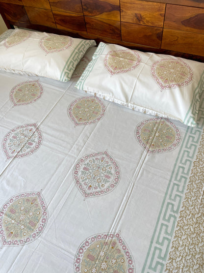 Tropical Whisper HandBlock Queen Size Bedsheet with 2 Pillow Covers (90”*108”)