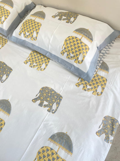 Elephant Royale HandBlock King Size Bedsheet Set with 2 Pillow Covers (108”*108”)