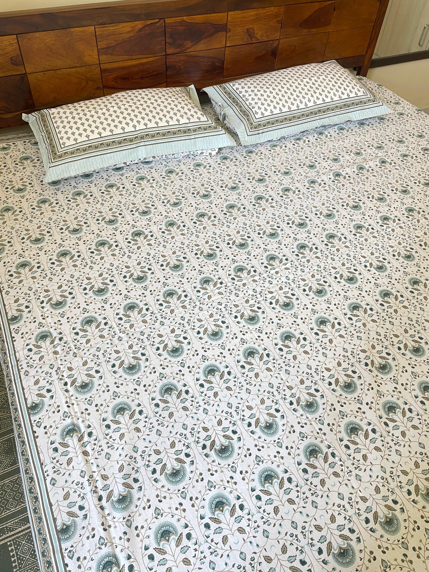 Green Mughal Floral Pure Cotton King Size Bedsheet Set with 2 Pillow Covers (108”*108”)