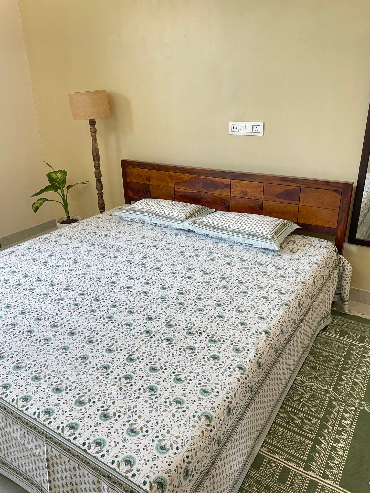 Green Mughal Floral Pure Cotton King Size Bedsheet Set with 2 Pillow Covers (108”*108”)