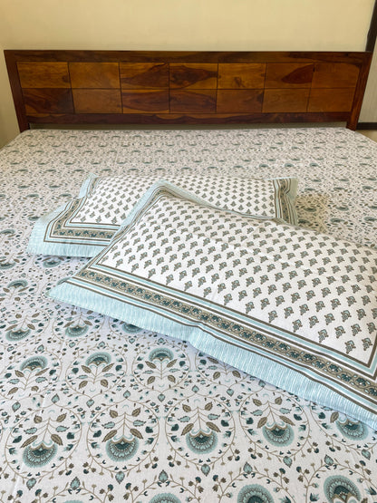 Green Mughal Floral Pure Cotton King Size Bedsheet Set with 2 Pillow Covers (108”*108”)