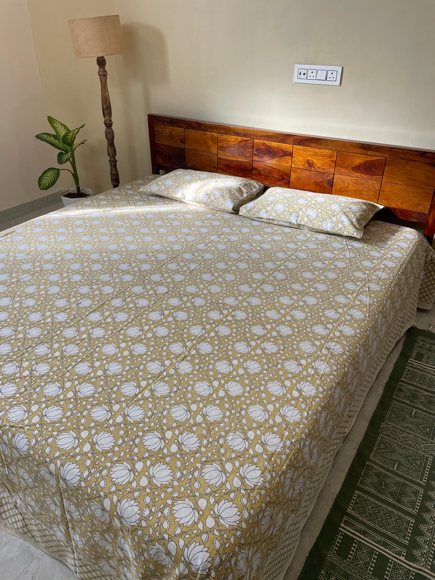 Lotus Blossom Pure Cotton King Size Bedsheet Set with 2 Pillow Covers (108”*108”)