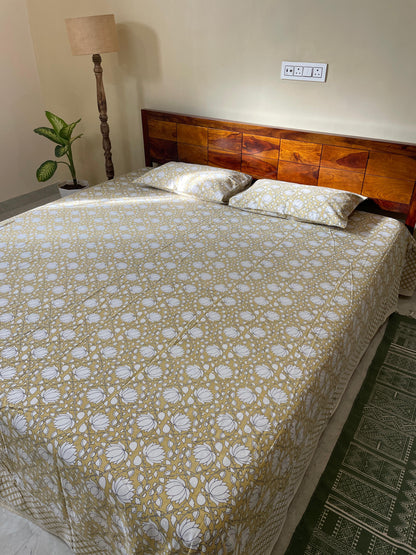 Lotus Blossom Pure Cotton King Size Bedsheet Set with 2 Pillow Covers (108”*108”)