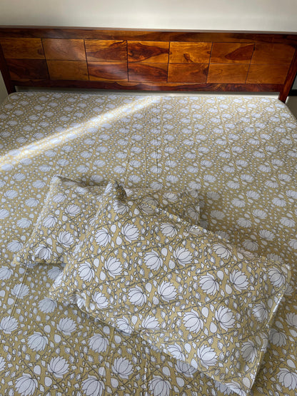 Lotus Blossom Pure Cotton King Size Bedsheet Set with 2 Pillow Covers (108”*108”)