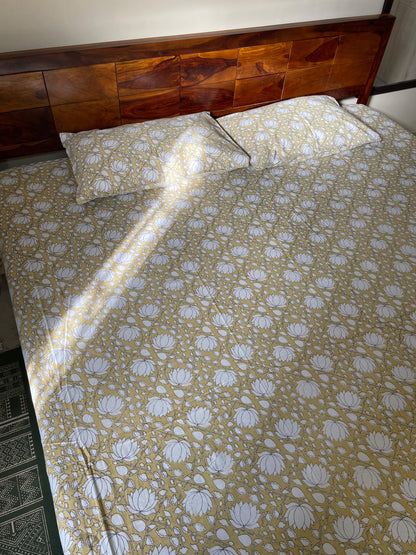 Lotus Blossom Pure Cotton King Size Bedsheet Set with 2 Pillow Covers (108”*108”)