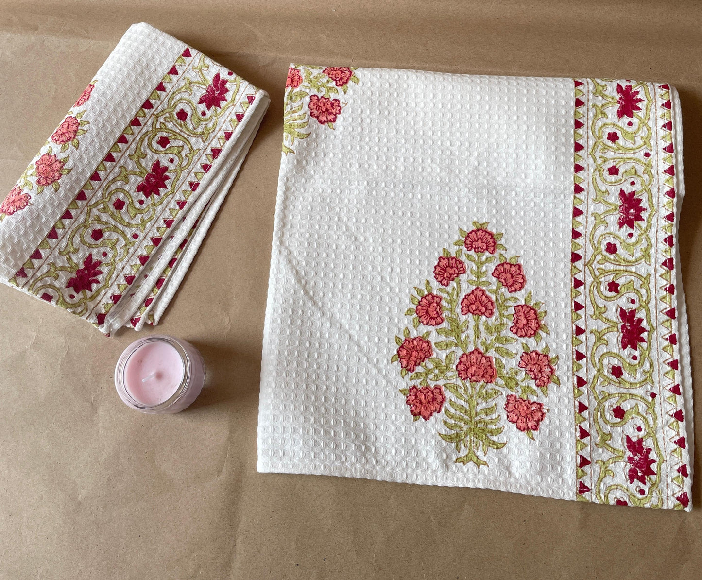 Verde Handblock Cotton Waffle Bath Towe Set ( 1 Bath Towel + 2 Hand Towel)