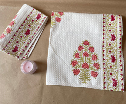 Verde Handblock Cotton Waffle Bath Towe Set ( 1 Bath Towel + 2 Hand Towel)